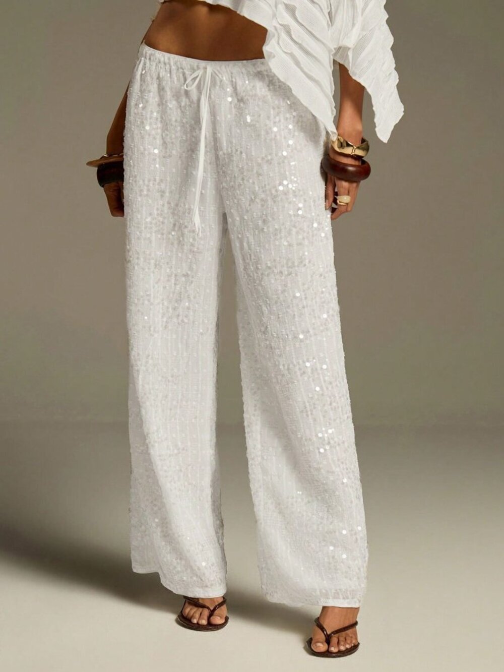 White Party Women's Casual Sequin Low Waist Wide Leg Pants
